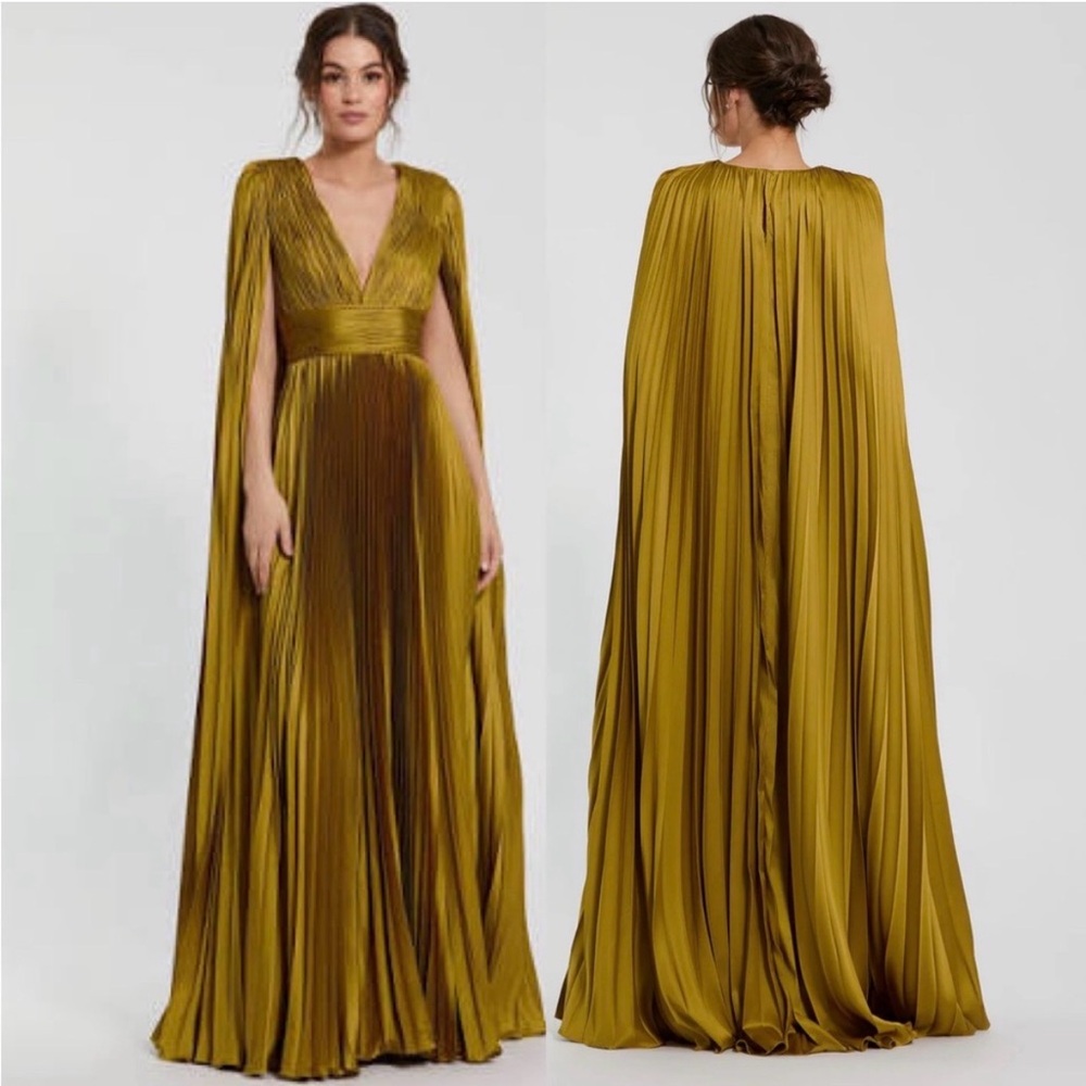 NWT! MAC DUGGAL Pleated Charmeuse V Neck Gown With Cape In Chartreuse $598 SZ 8